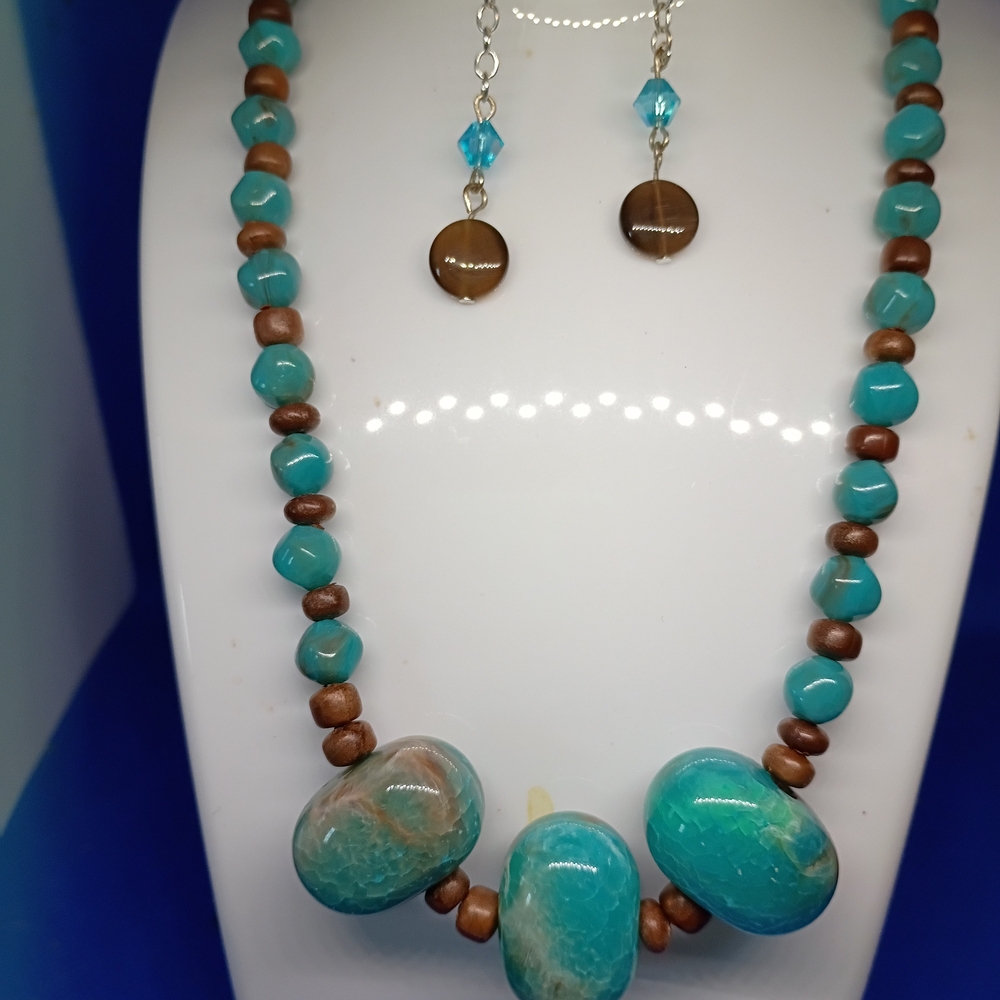 Turquoise and Brown Beaded Hand Made Necklace and Earring Set